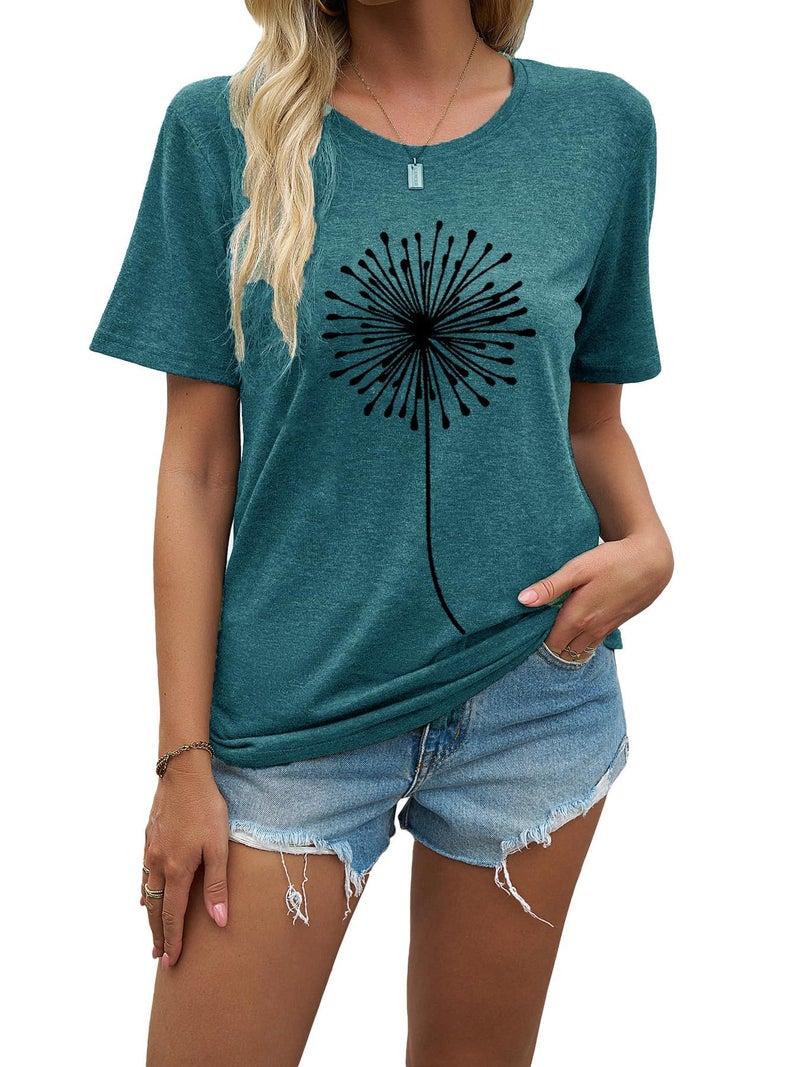 Bealatt Dandelion Shirts for Women Make a Wish Vintage Tees Graphic Short Sleeves Tees Blouses for Women Funny Summer T Shirts Round Neck Graphic Tees Tops (Green, L) - Image 2